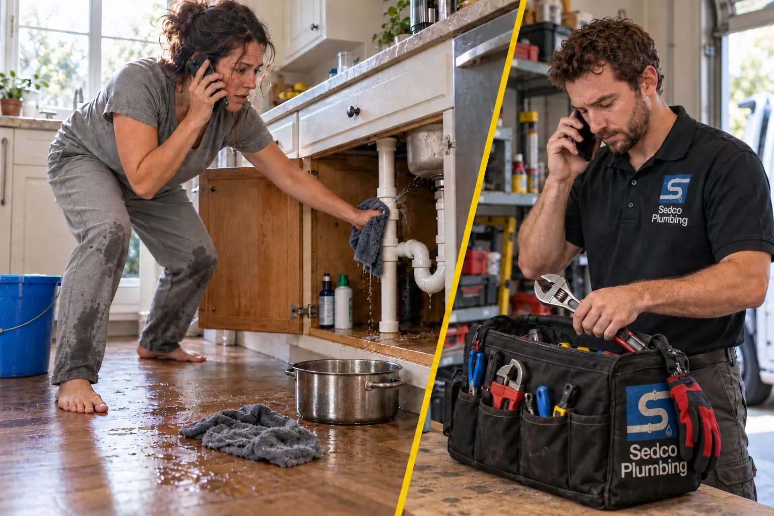 Homeowner calling Sedco Plumbing about a burst pipe while a Sedco plumber takes the call