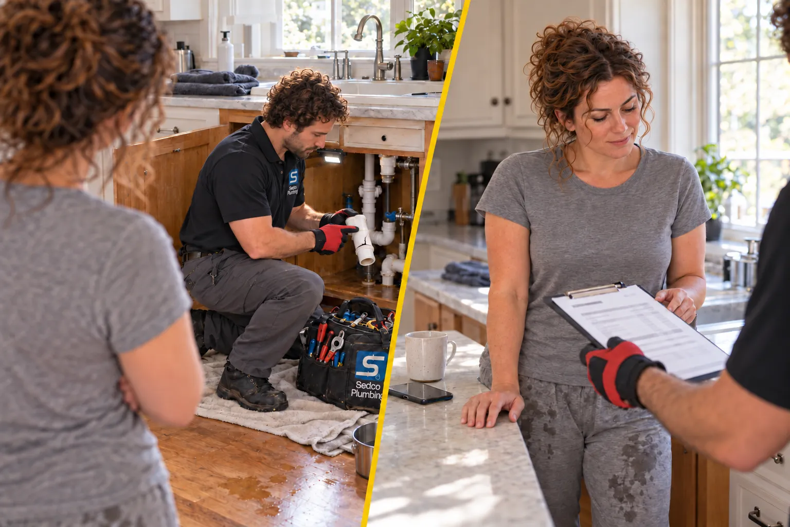 Sedco plumber showing the cracked pipe and explaining the free estimate